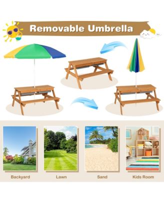 3-in-1 Kids Picnic Table Wooden Outdoor Sand & Water Table w/Umbrella Play Box es