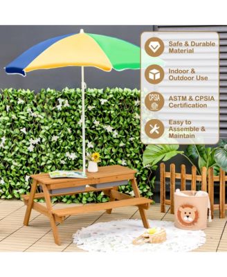 3-in-1 Kids Picnic Table Wooden Outdoor Sand & Water Table w/Umbrella Play Box es