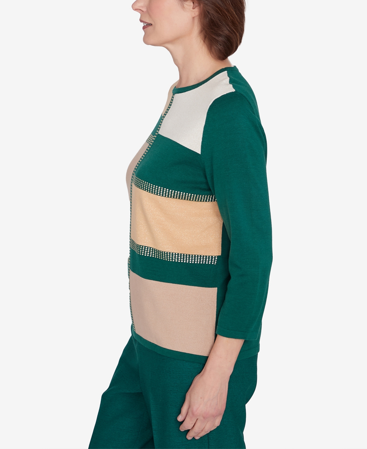 Alfred Dunner Plus Size Emerald Isle Color Blocking Gold Trim Sweater In Mugreen