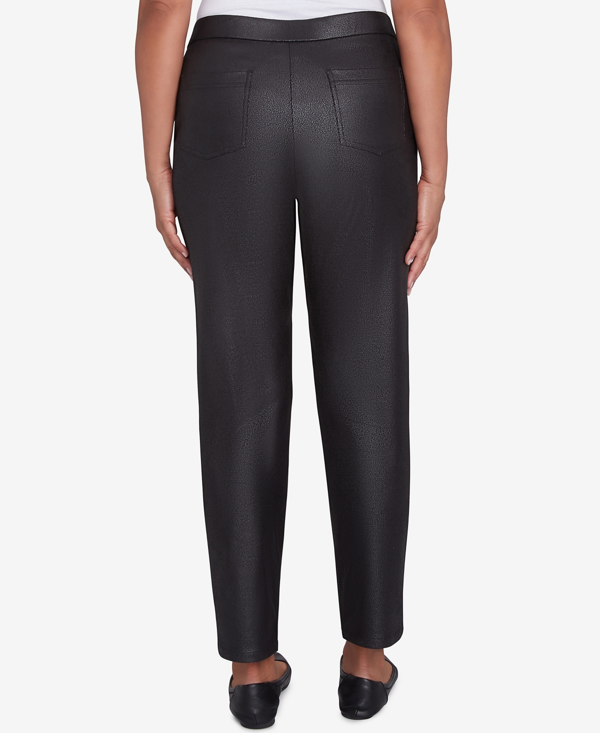 Alfred Dunner Women's Rue Rivoli Faux Leather Flat Elastic Waist Medium Length Pants In Black