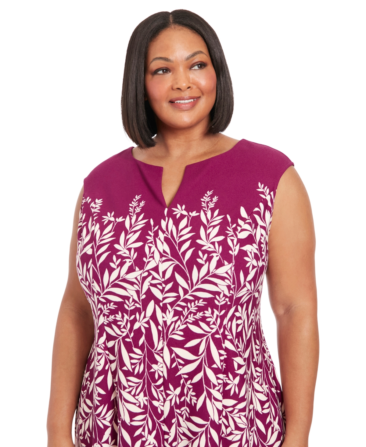 London Times Plus Size Printed Split-Neck Fit & Flare Dress -Cream