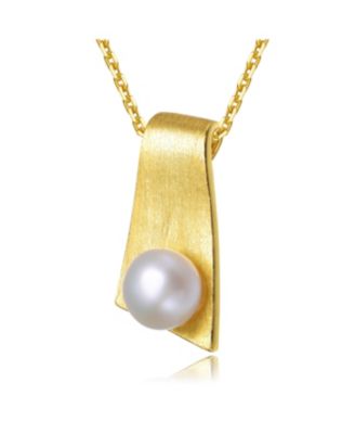 Sterling Silver 14k Gold Plated with Genuine Freshwater Pearl Rectangle Pendant Necklace