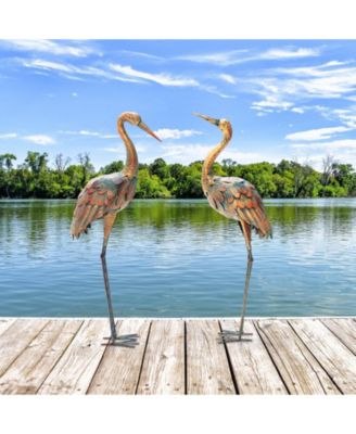 Set of 2 Crane Garden Statues Standing Metal Crane Sculptures Bird