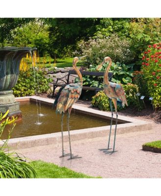 Set of 2 Crane Garden Statues Standing Metal Crane Sculptures Bird