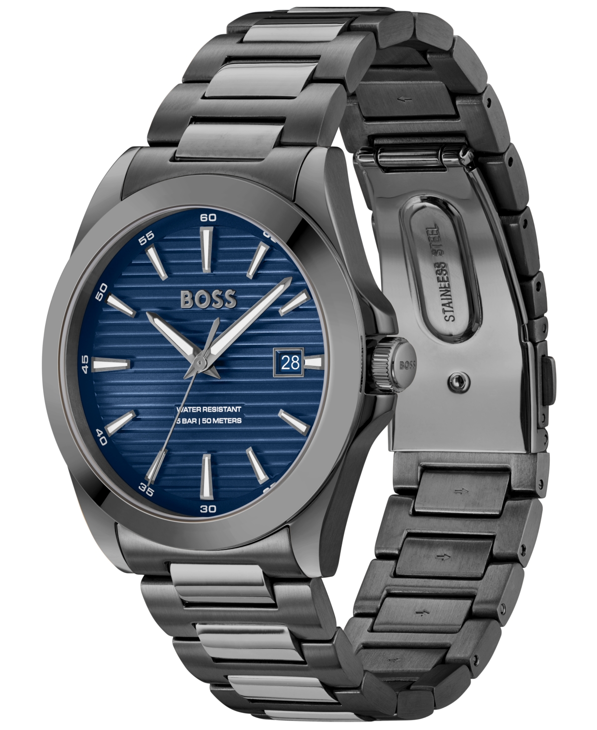 Hugo Boss Men's Strike Quartz Basic Calendar Ionic Plated Grey Steel Watch 41mm In Gray
