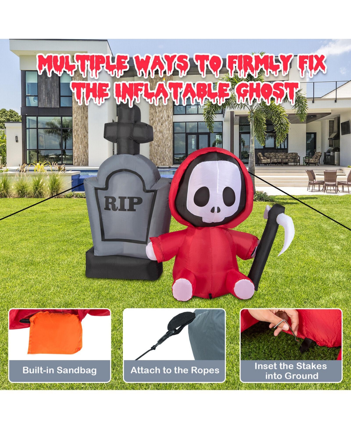 Skonyon 5 Feet Inflatable Halloween Ghost Holding Sickle and Tombstone Yard Decor