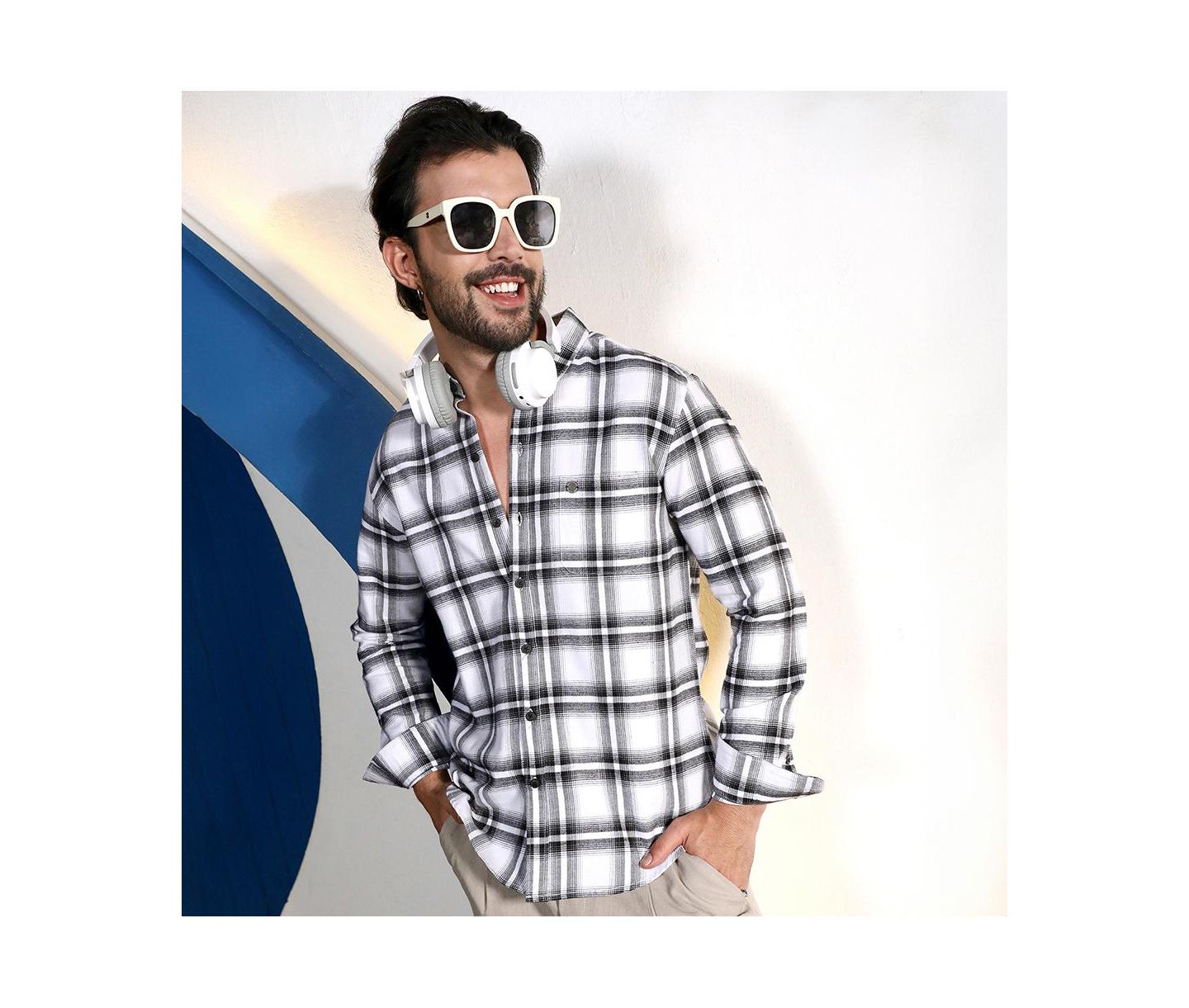 Мужская рубашка Cahoot Campus Sutra Chalk White & Midnight Black Brushed Buffalo Check, цвет: Белый — фото 7