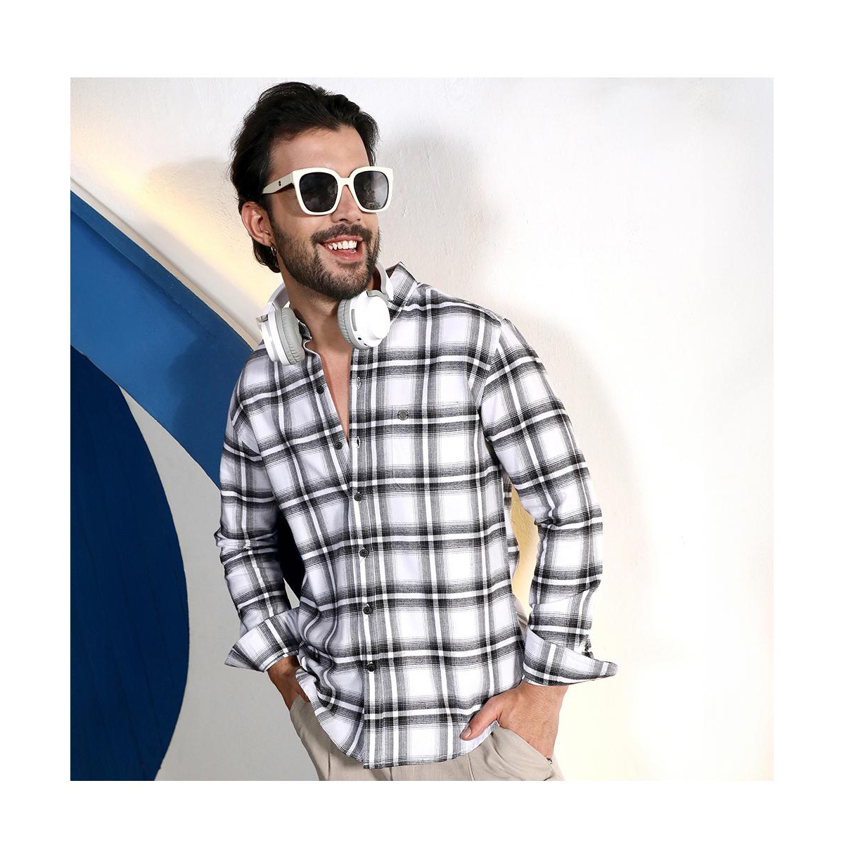 Campus Sutra Men's Chalk& Midnight Black Brushed Buffalo Check Shirt - White