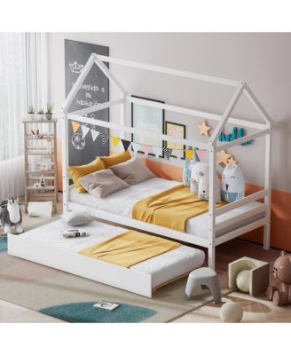 Twin House Bed Frame w/ Trundle Roof Wooden Platform Mattress Foundation Grey