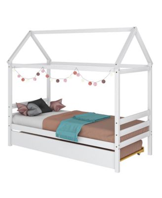Twin House Bed Frame w/ Trundle Roof Wooden Platform Mattress Foundation Grey