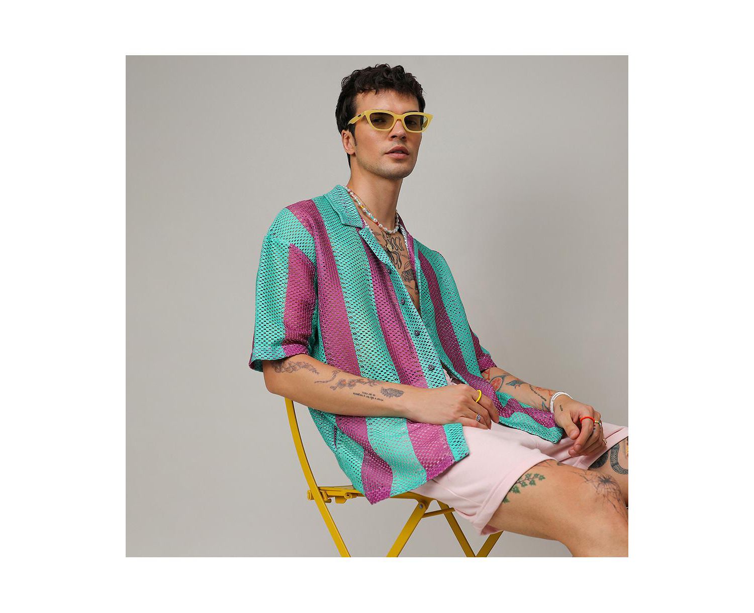 Men's Mint Green & Plum Purple Balanced Striped Oversized Shirt
