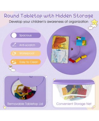 Kids Wooden Round Table & 2 Chair Set w/ Center Mesh Storage