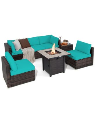 7PCS Patio Rattan Furniture Set 30'' Fire Pit Table Cover Cushion Sofa