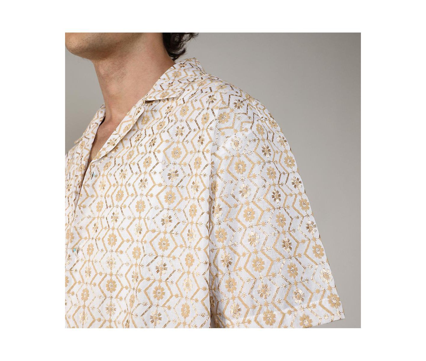 Мужская рубашка Cahoot Campus Sutra Off-White & Beige Embroidered Geometric, цвет: Чёрный — фото 4