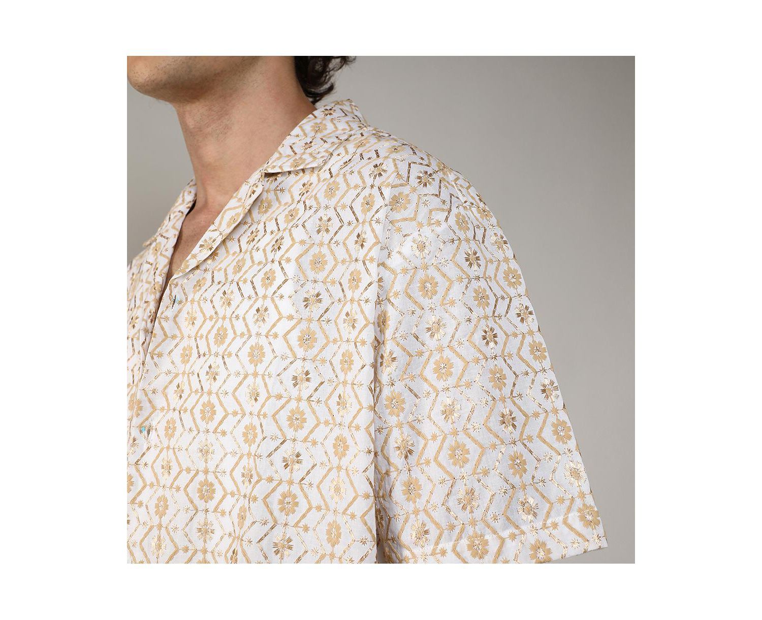 Men's Off-White & Beige Embroidered Geometric Shirt