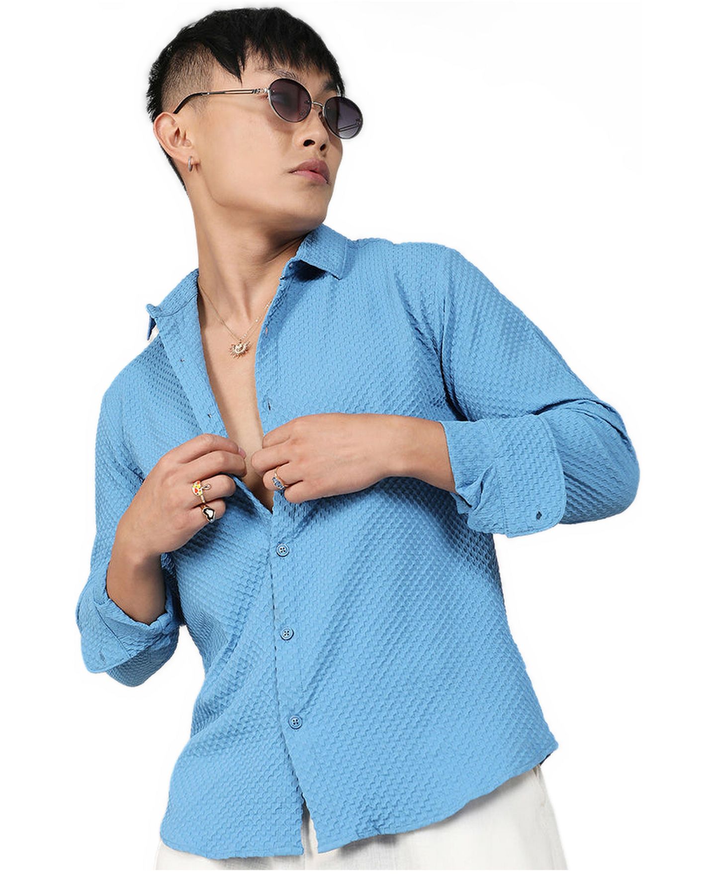 Мужская рубашка Cahoot Campus Sutra Sky Blue Textured Micro Buffalo Check, цвет: Синий — фото 4