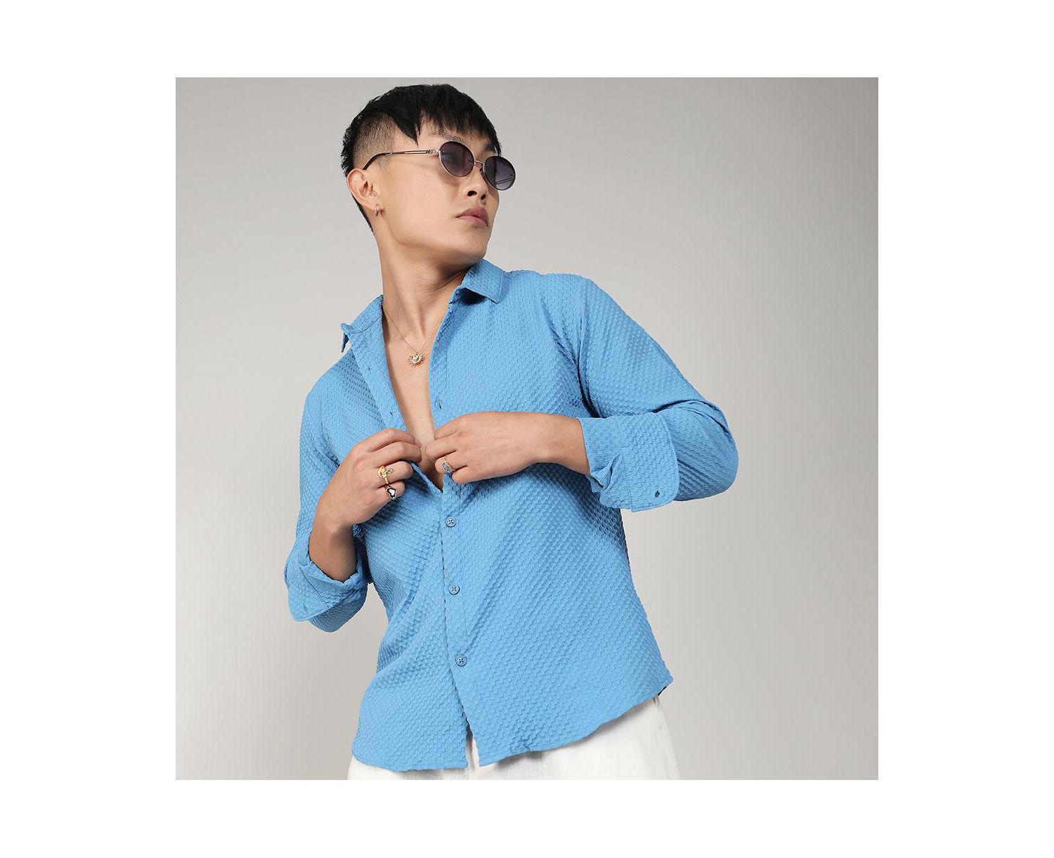 Men's Sky Blue Textured Micro Buffalo Check Shirt