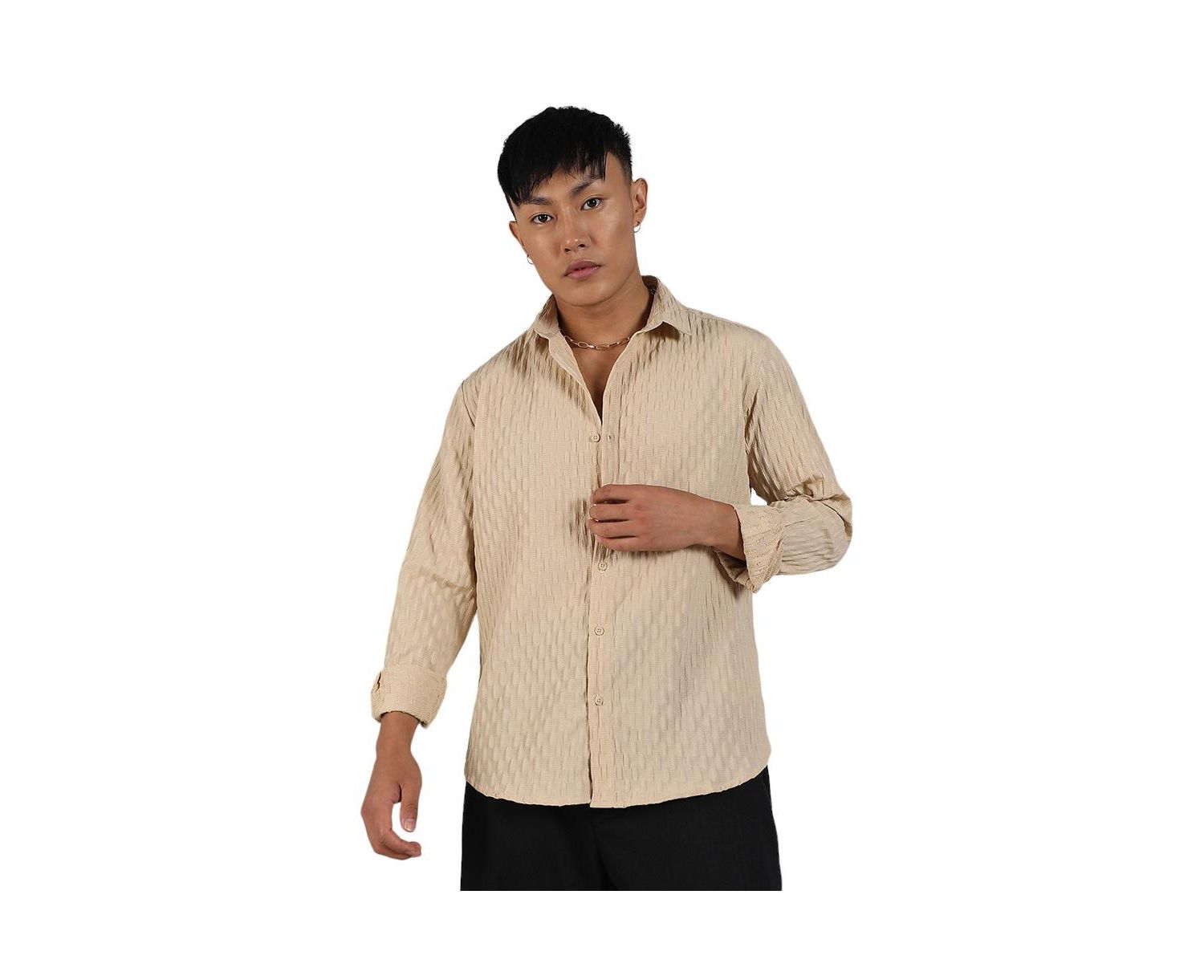 Men's Butter Yellow Crinkled-Weave Shirt