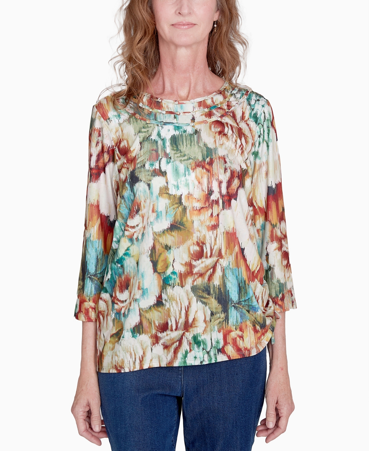 Alfred Dunner Petite Classics Earth Floral Crew Neck Top In Multi
