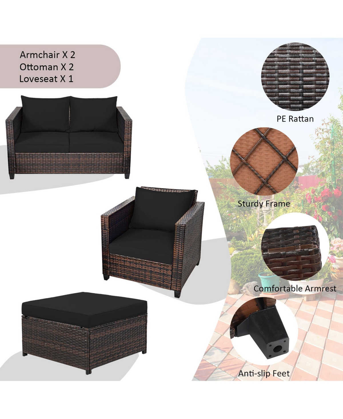 Costway 5PCS Patio Rattan Furniture Set Loveseat Sofa Ottoman Cushioned