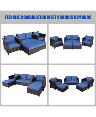 5PCS Patio Rattan Furniture Set Loveseat Sofa Ottoman Cushioned