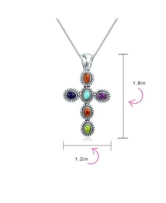South Western Style Multi Color Stones Bezel Set Cross Pendant Necklace Sterling Silver