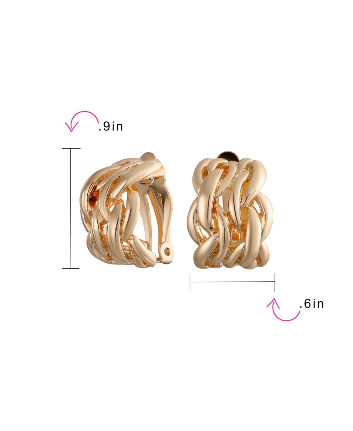 Bling Jewelry Twisted Cable Chain Weave Wide Half Hoop Clip On Earrings For Women Non Pierced Ears 14K Gold Plated