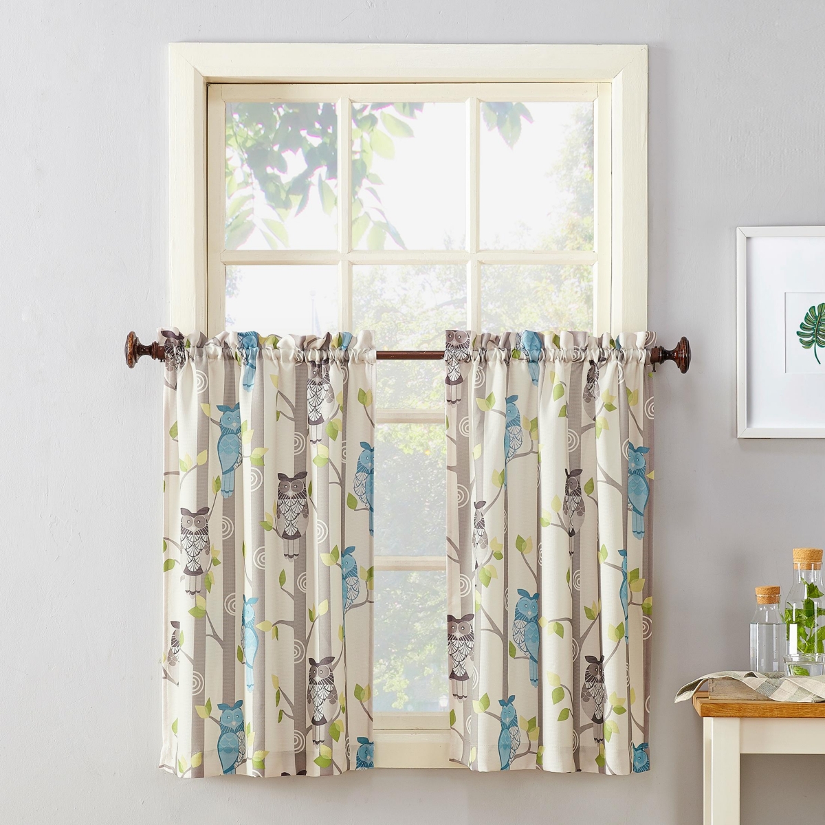 Hoot Owl Print Semi-Sheer Rod Pocket Kitchen Curtain Tier Pair