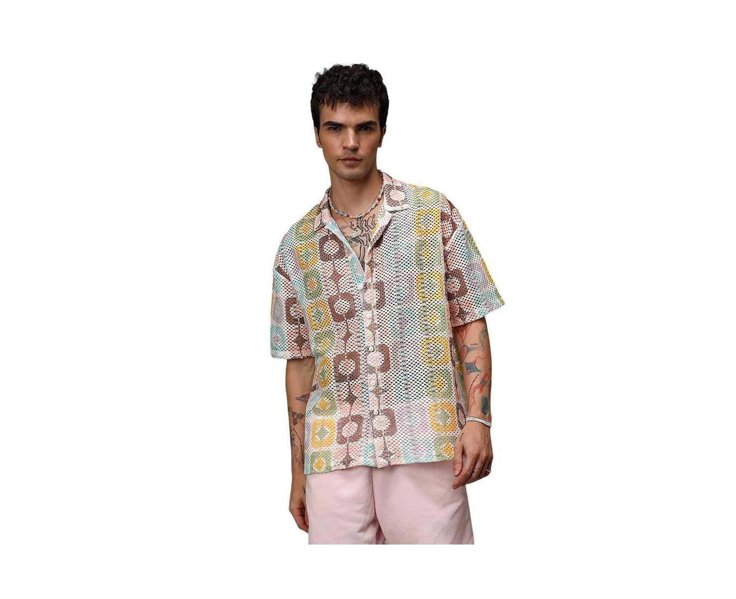 Men's Lemon Yellow & Chocolate Brown Geometric Block Oversized Shirt
