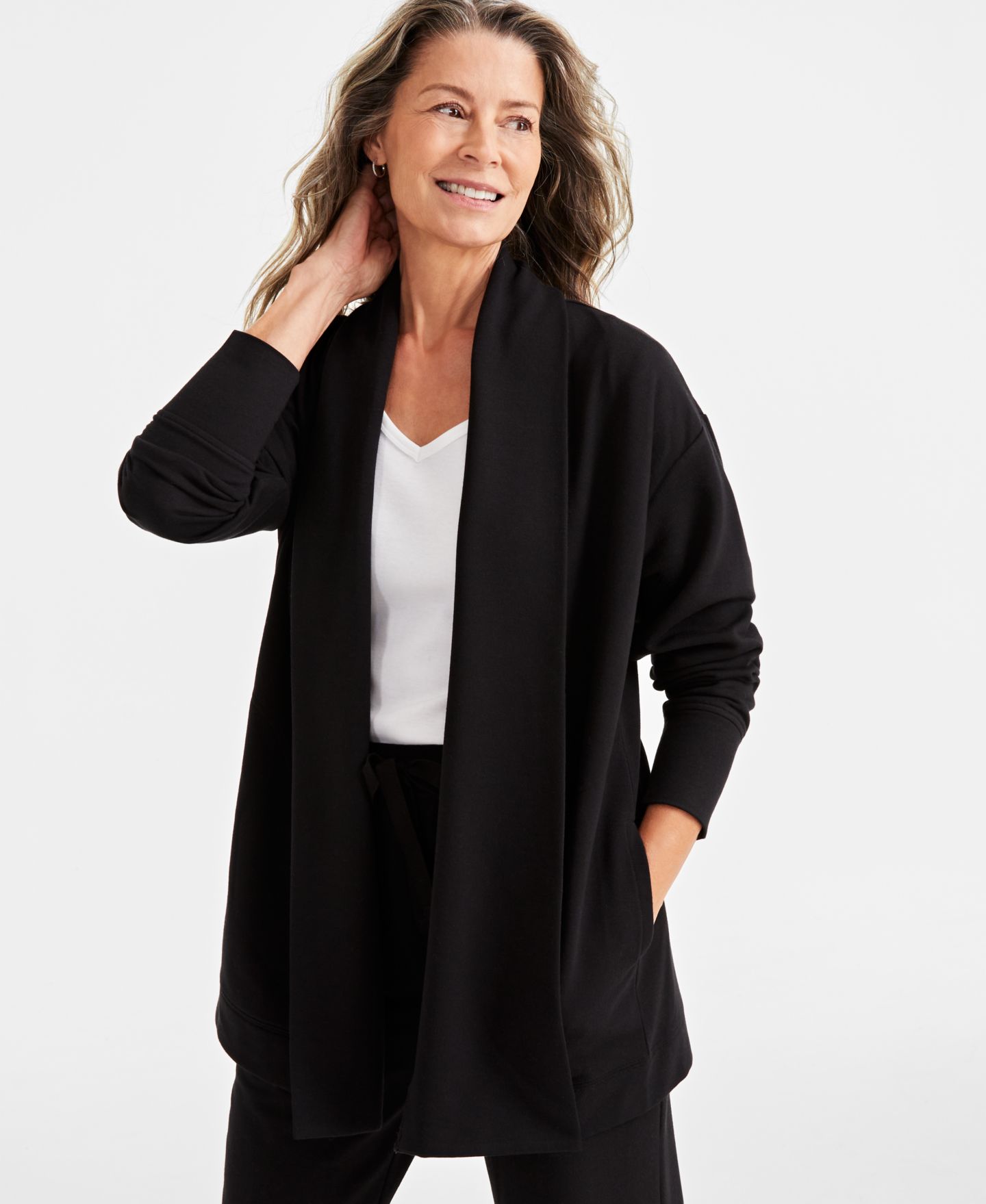 Женский кардиган Style & Co LuxLounge Fleece Cardigan, цвет: Глубокий чёрный — фото 1