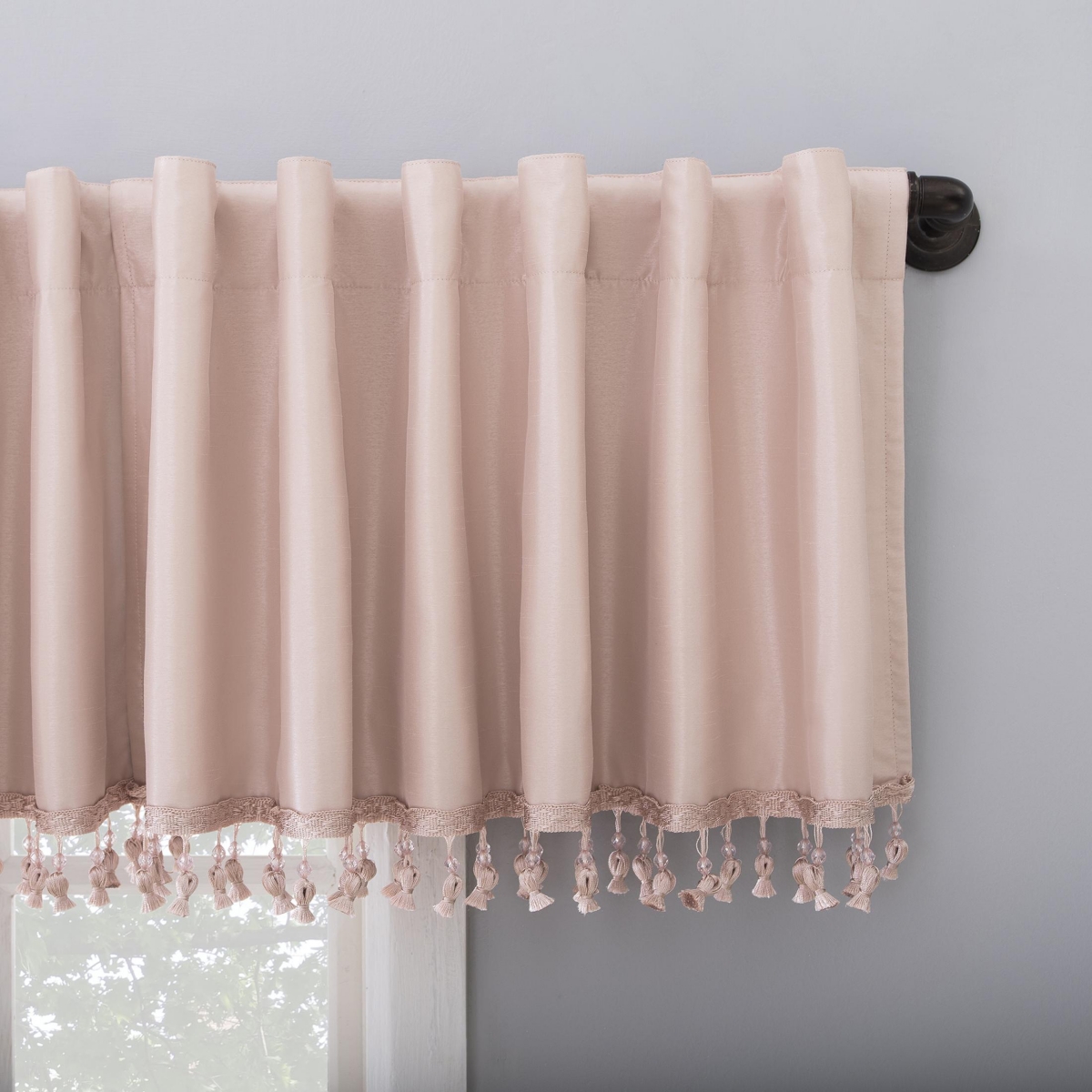 Sun Zero Evelina Faux Dupioni Silk Beaded Tassels Thermal Extreme 100% Blackout Back Tab Curtain Valance