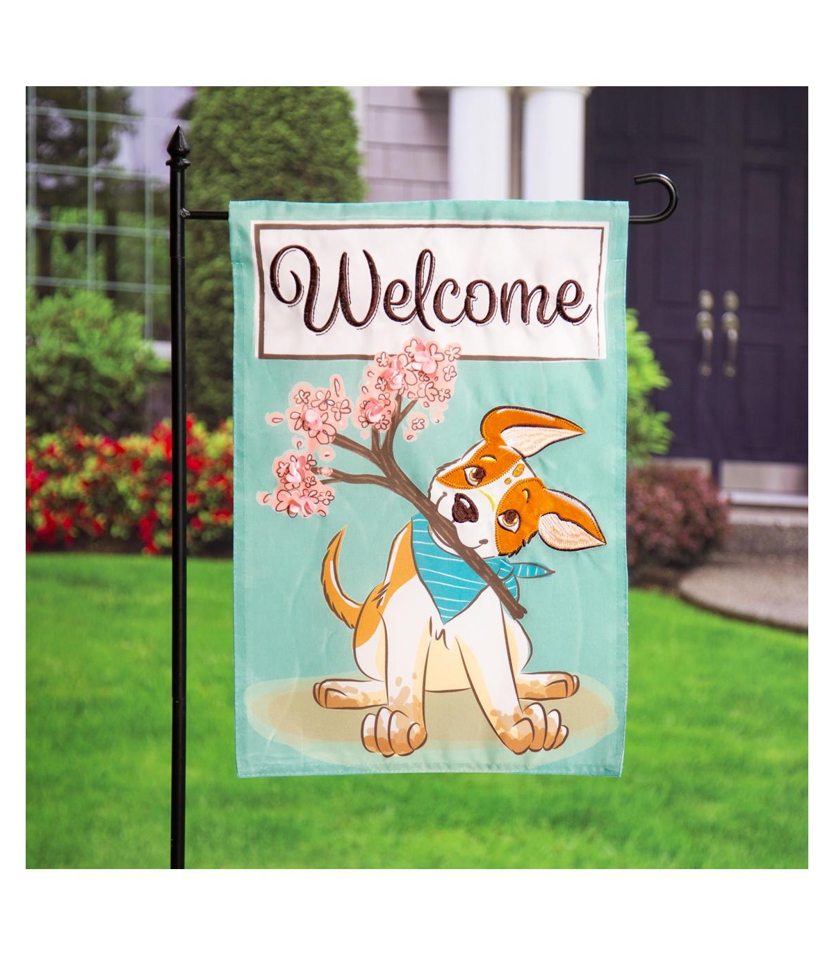 Evergreen Garden Flag Welcome Pup Applique Double Sided Indoor Outdoor Decor