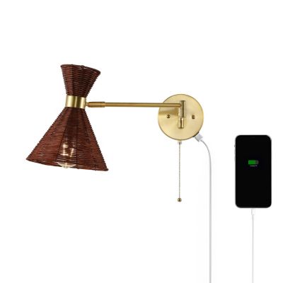 Lily 25" 1-Light Mid-Century Vintage Retro Rattan/Metal USB Charging Swing Arm LED Sconce with Pull Chain, Dark Brown/Brass Gold