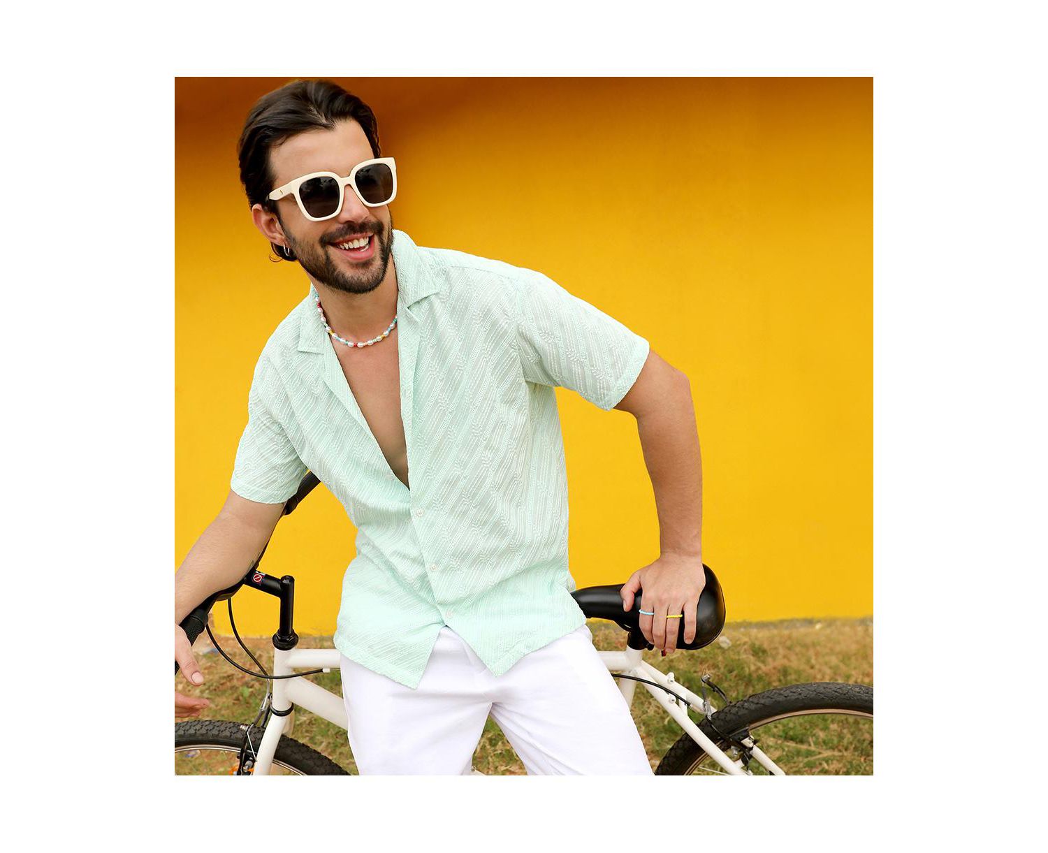 Men's Mint Green Embroidered Striped Shirt
