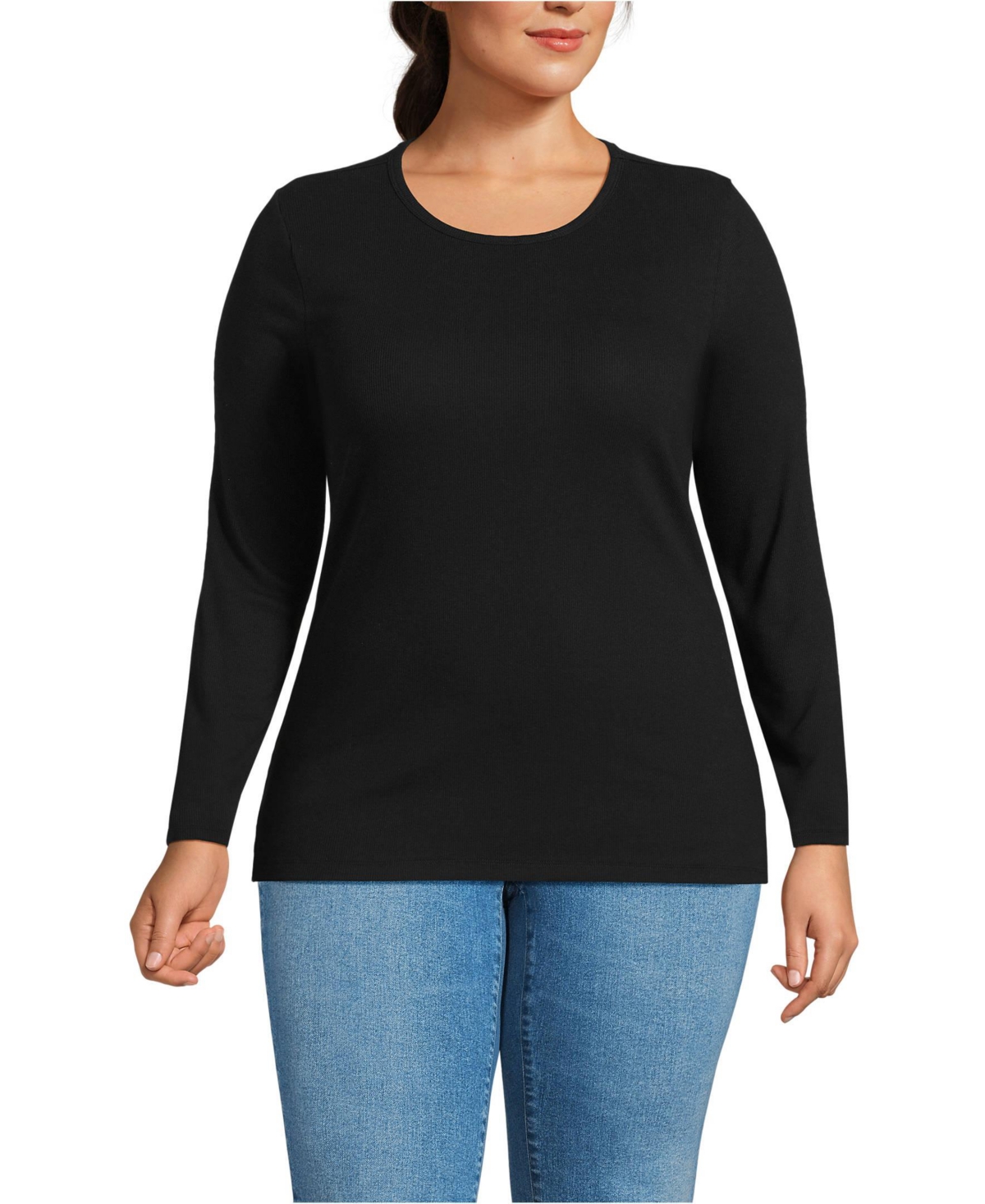 Plus Size Long Sleeve Micro Rib T-Shirt - Misty aqua mini stripe