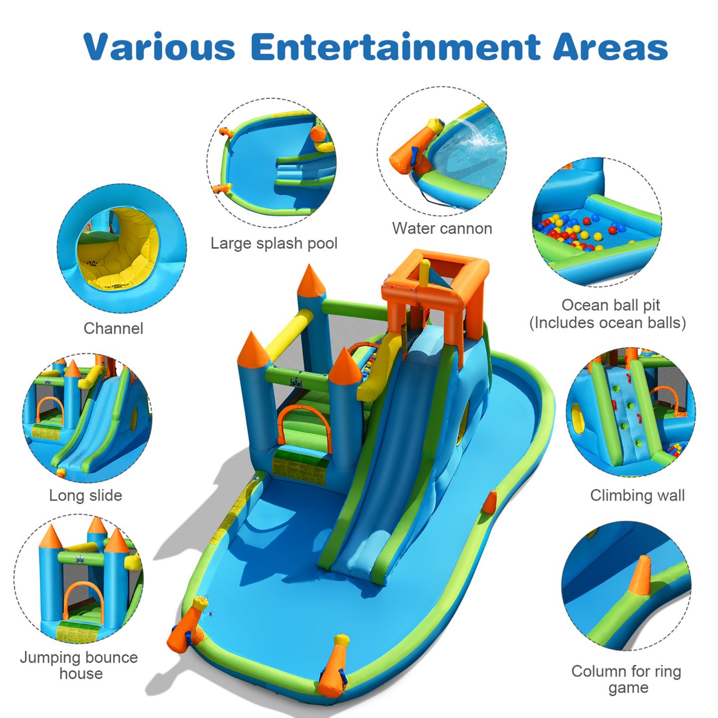 Детская игрушка Costway Bountech 19.5'L x 10.5'W x 8'H Inflatable Water Slide with Bounce House and Splash Pool, 6-Person, Ages 3-10, цвет: Синий — фото 9