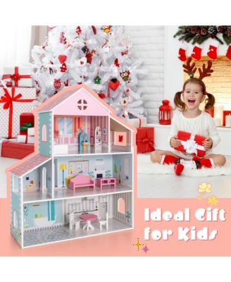 Wooden Dollhouse For Kids 3-Tier Toddler Doll House W/Furniture Gift For Age 3+