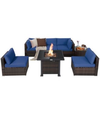 7PCS Patio Rattan Furniture Set Fire Pit Table Cover Glass Top Cushion