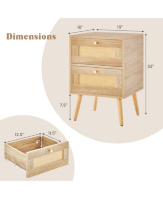 Rattan Nightstand Boho Accent Bedside Table with 2 Storage Drawers