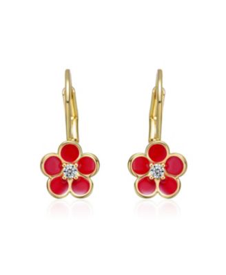 14k Yellow Gold Plated with Red Enamel and Cubic Zirconia Flower Dangle Earrings