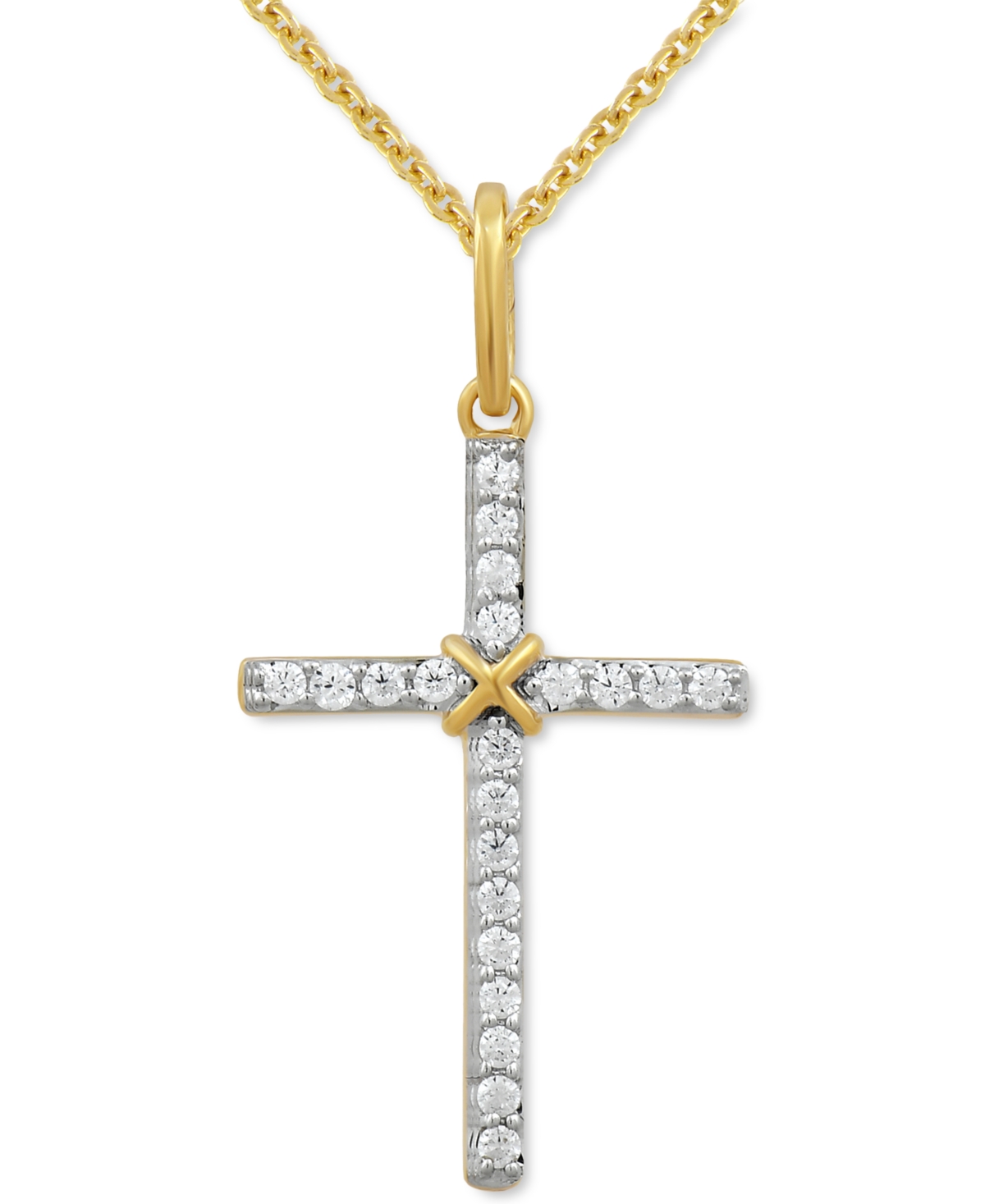 MACY'S DIAMOND CROSS PENDANT NECKLACE (1/10 CT. T.W.) IN 14K GOLD, 16" + 2" EXTENDER 