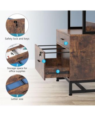 2 Drawer Vertical File Cabinet with Lock & Bookshelf, Letter Size Large Modern Filing Cabinet Printer Stand with Open Storage Shelves