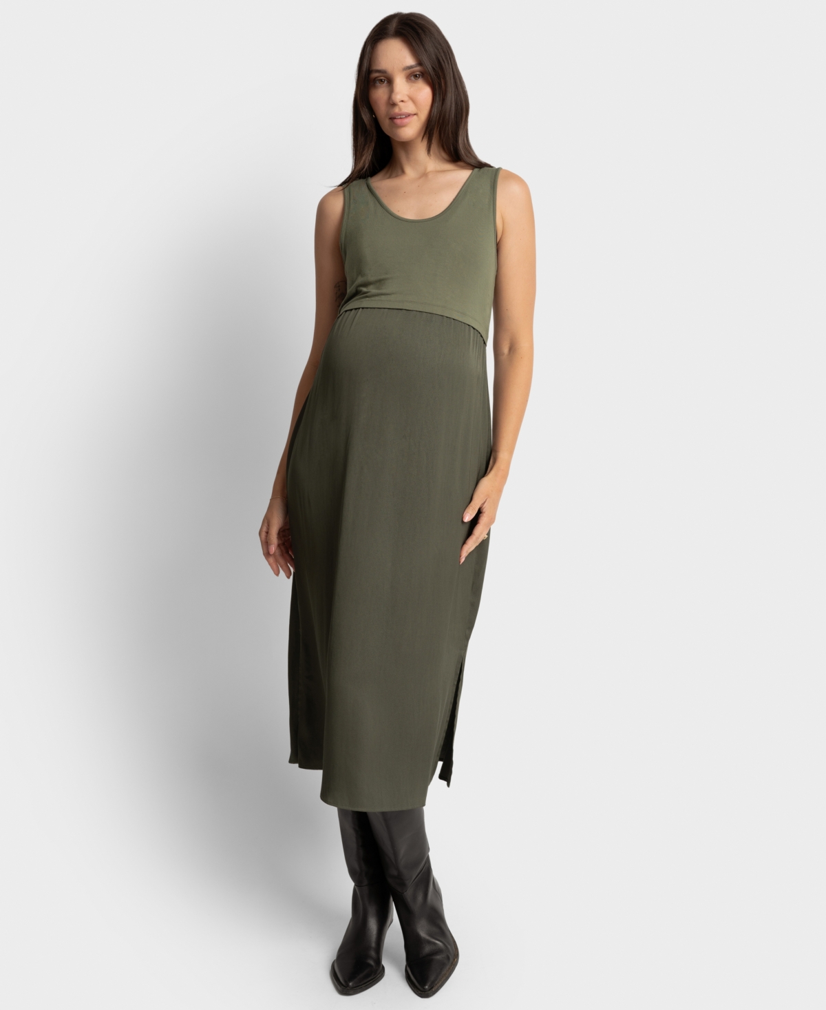 Shop Seraphine Women's Knit To Woven Dress In Khaki