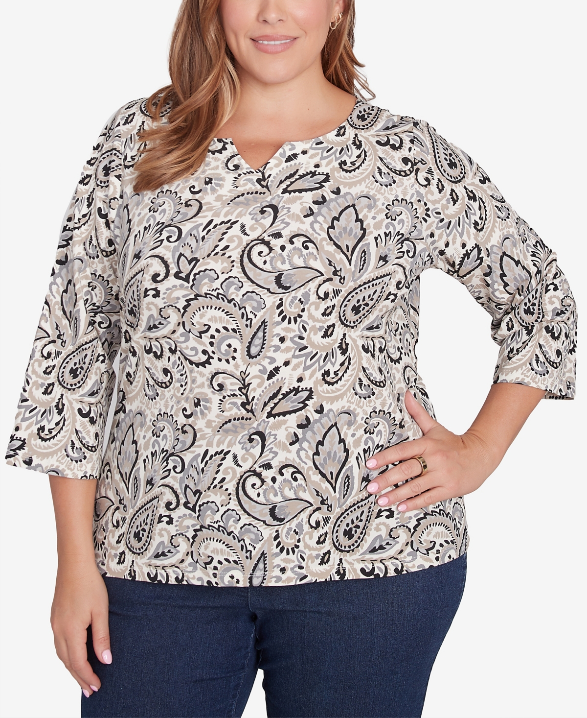 Plus Size Printed Essentials 3/4 Sleeve Top - Black Multi