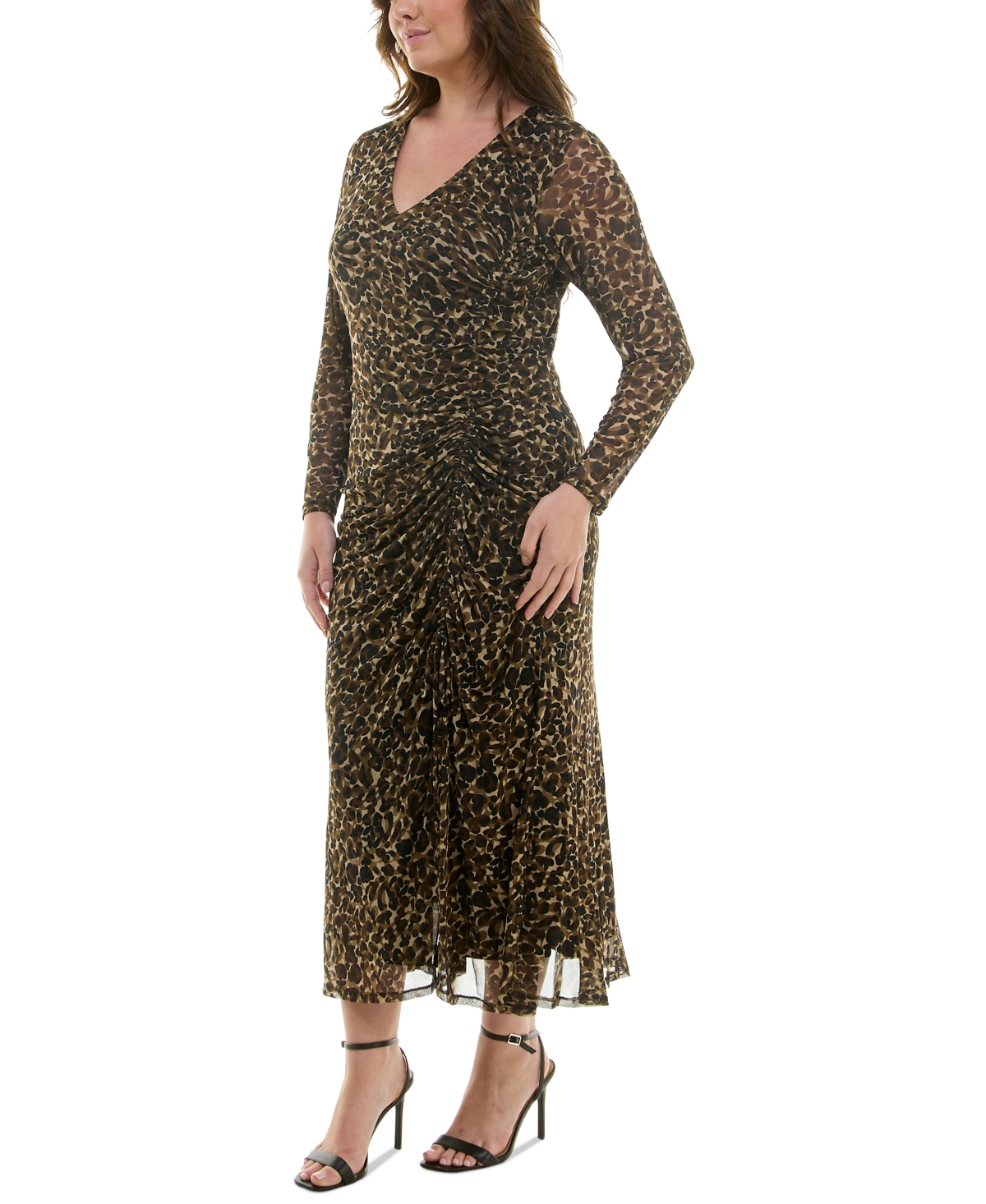 Taylor Plus Size V-Neck Side-Ruched Long-Sleeve Dress