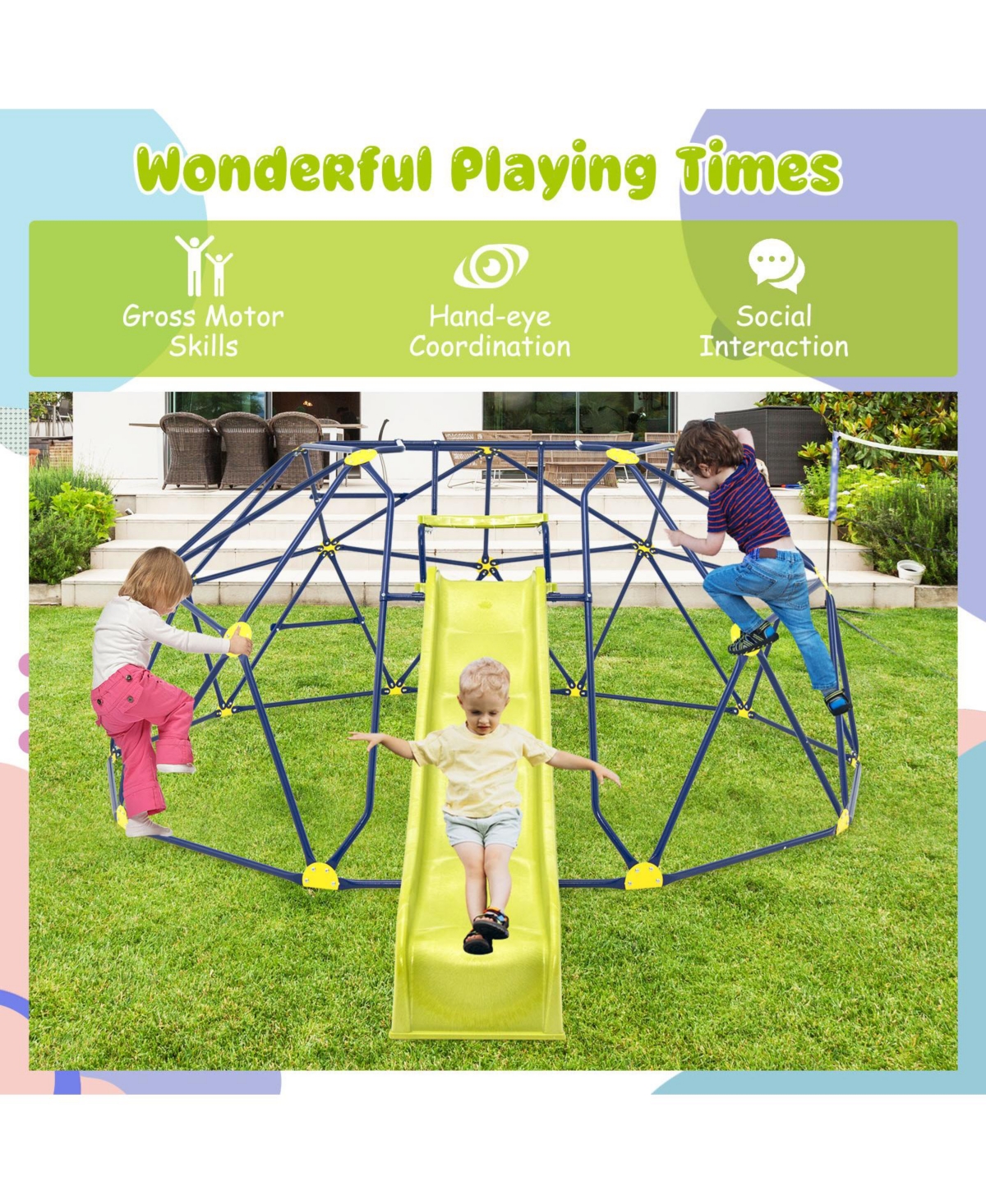 Skonyon 13.3 Ft Climbing Dome Geometric Dome Climber with Extended Wavy Slide and 2 Rest Platforms-Multicolor