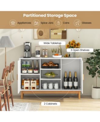 48 Inch Sideboard Buffet Cabinet Floor Storage Cabinet with 2 Bamboo Woven Doors-White