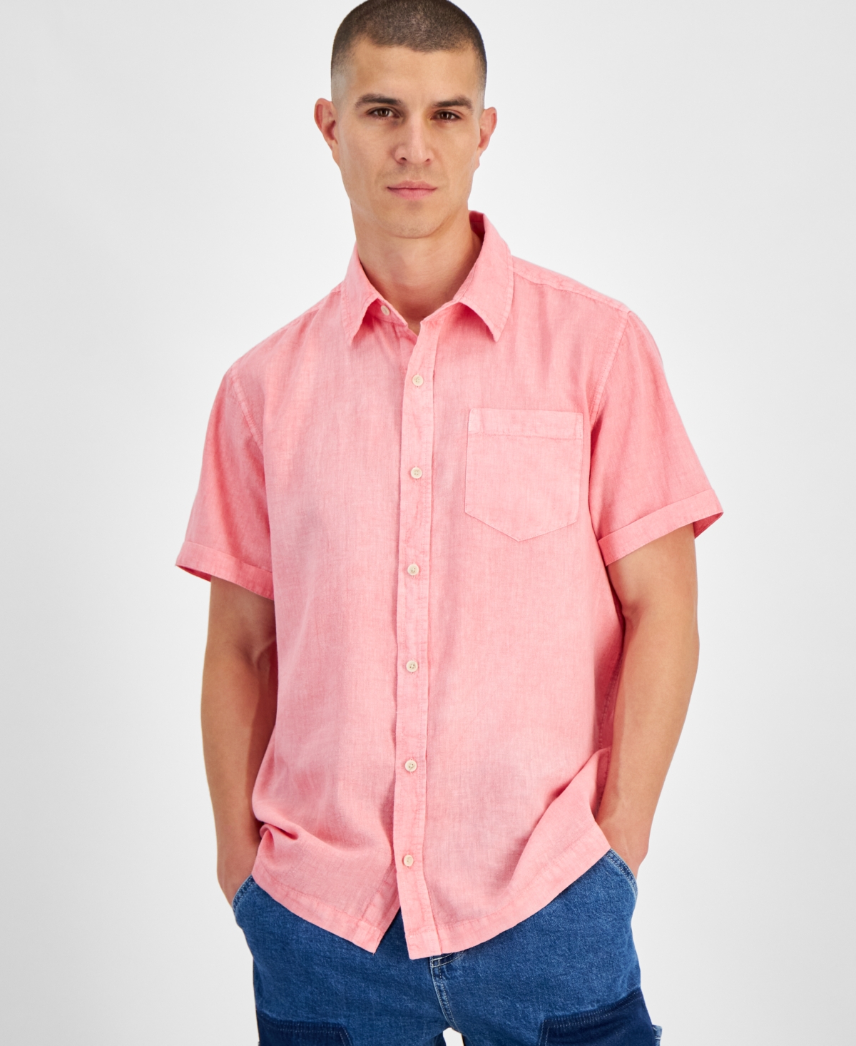 Shop Sun + Stone Men's Blake Linen Chambray Short Sleeve Button-front Shirt, Created For Macy's In Spring Strawberry