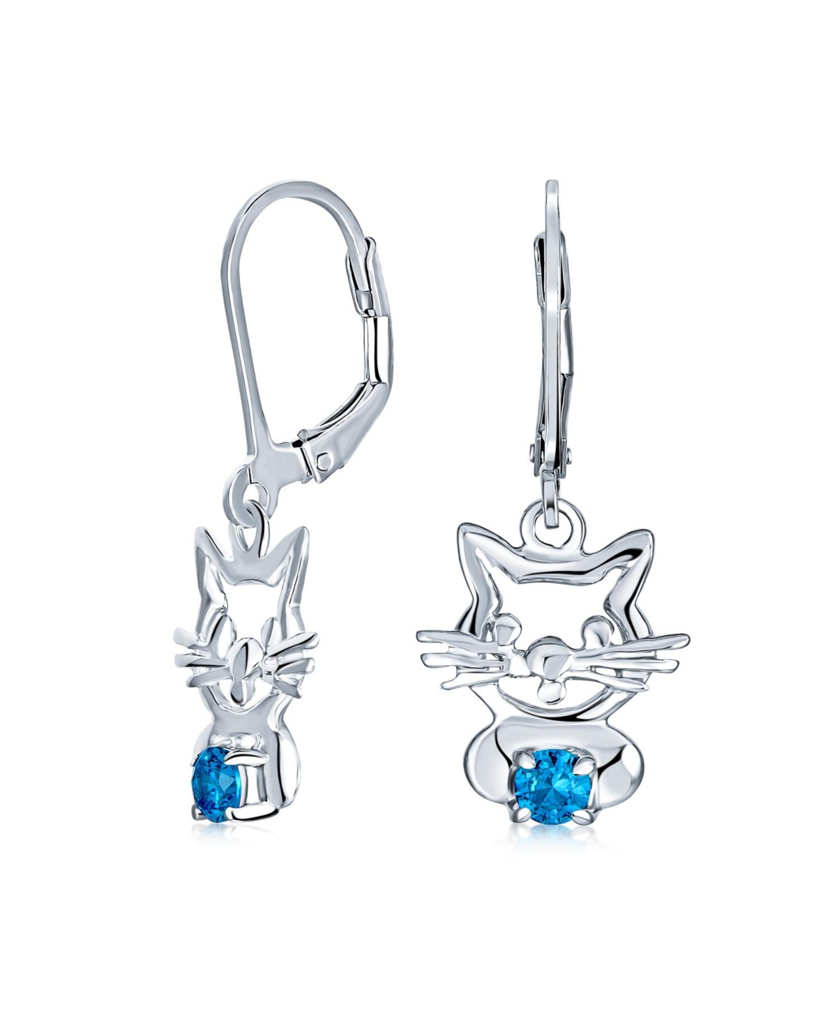 Small Kitty Cz Accent Dangle Chandelier Earrings Pink Blue Cat Studs Sterling Silver - Light blue