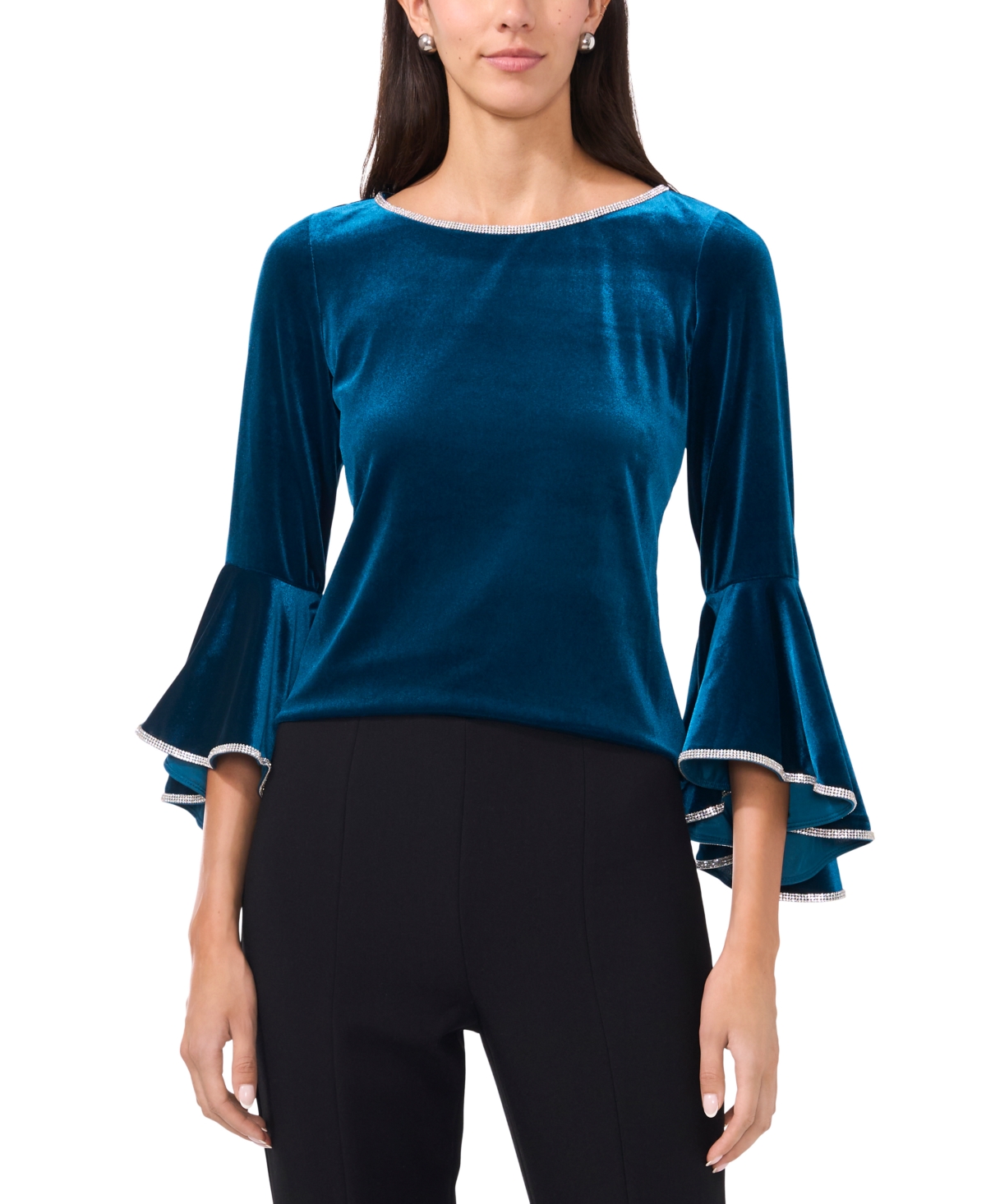 Women's Embellished Velvet Ruffled Bell-Sleeve Top - Navy